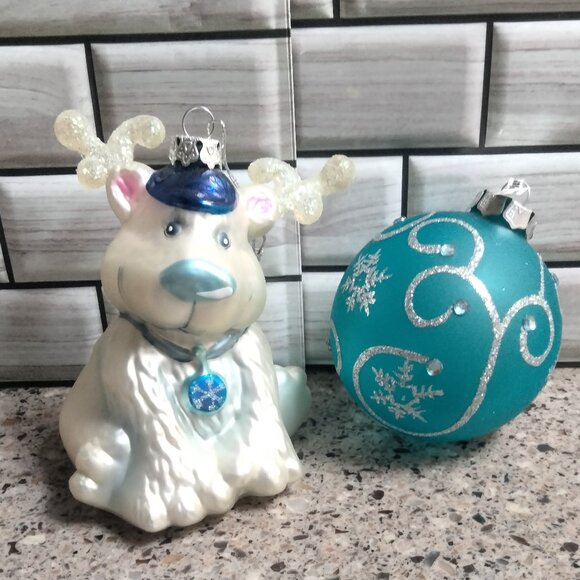 DUO: Vintage Blown Glass Reindeer & NWT Blue Glass Ornaments - Picture 1 of 7